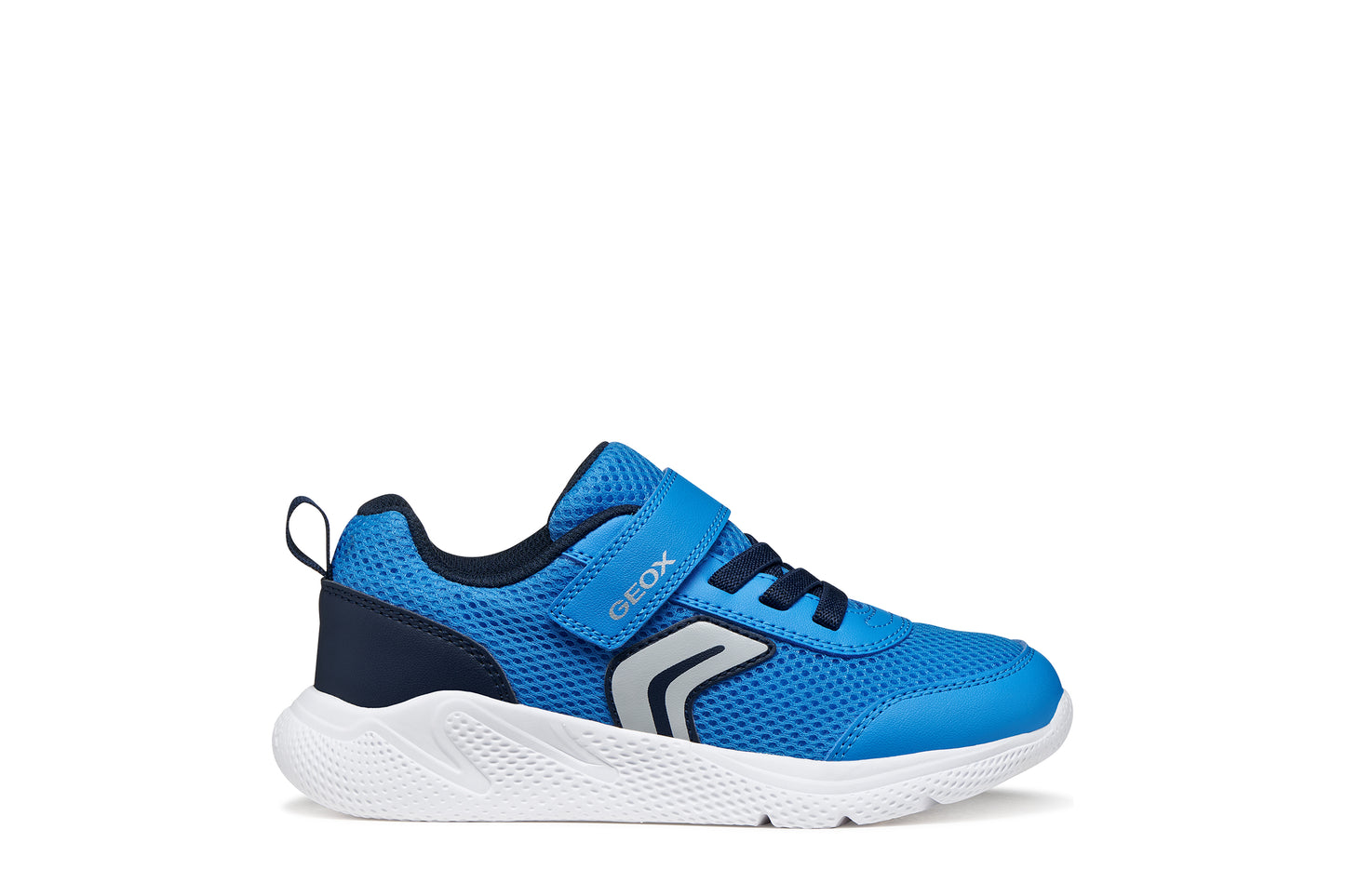 A boys trainer by Geox, style Sprintye in blue/navy with velcro strap and elastic laces and grey detail on side. Right side view