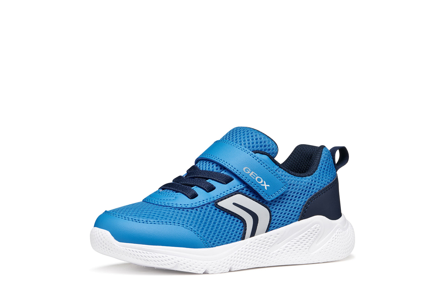 A boys trainer by Geox, style Sprintye in blue/navy with velcro strap and elastic laces and grey detail on side. Left side view
