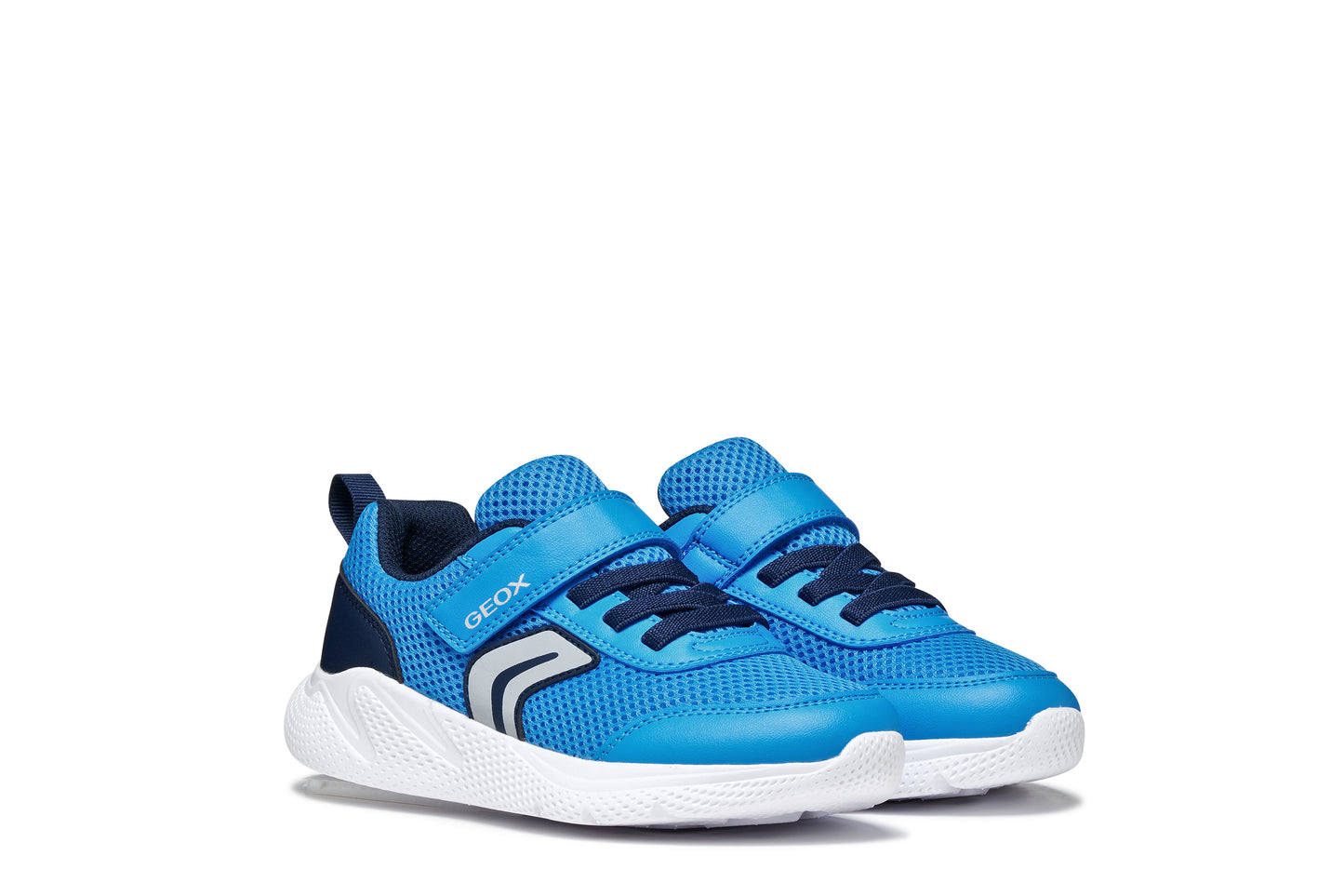 A boys trainer by Geox, style Sprintye in blue/navy with velcro strap and elastic laces and grey detail on side. Side view of pair 