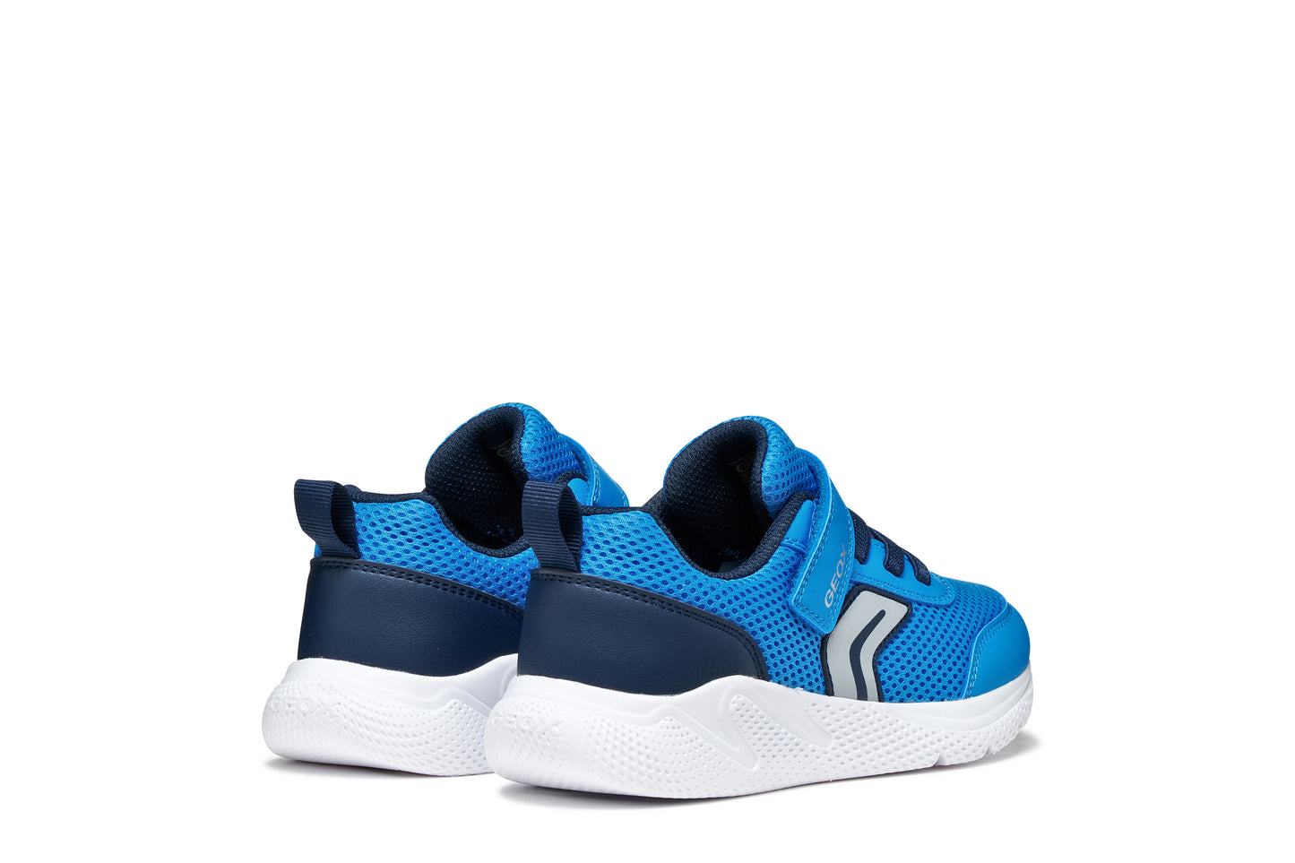 A boys trainer by Geox, style Sprintye in blue/navy with velcro strap and elastic laces and grey detail on side. BAck view of pair