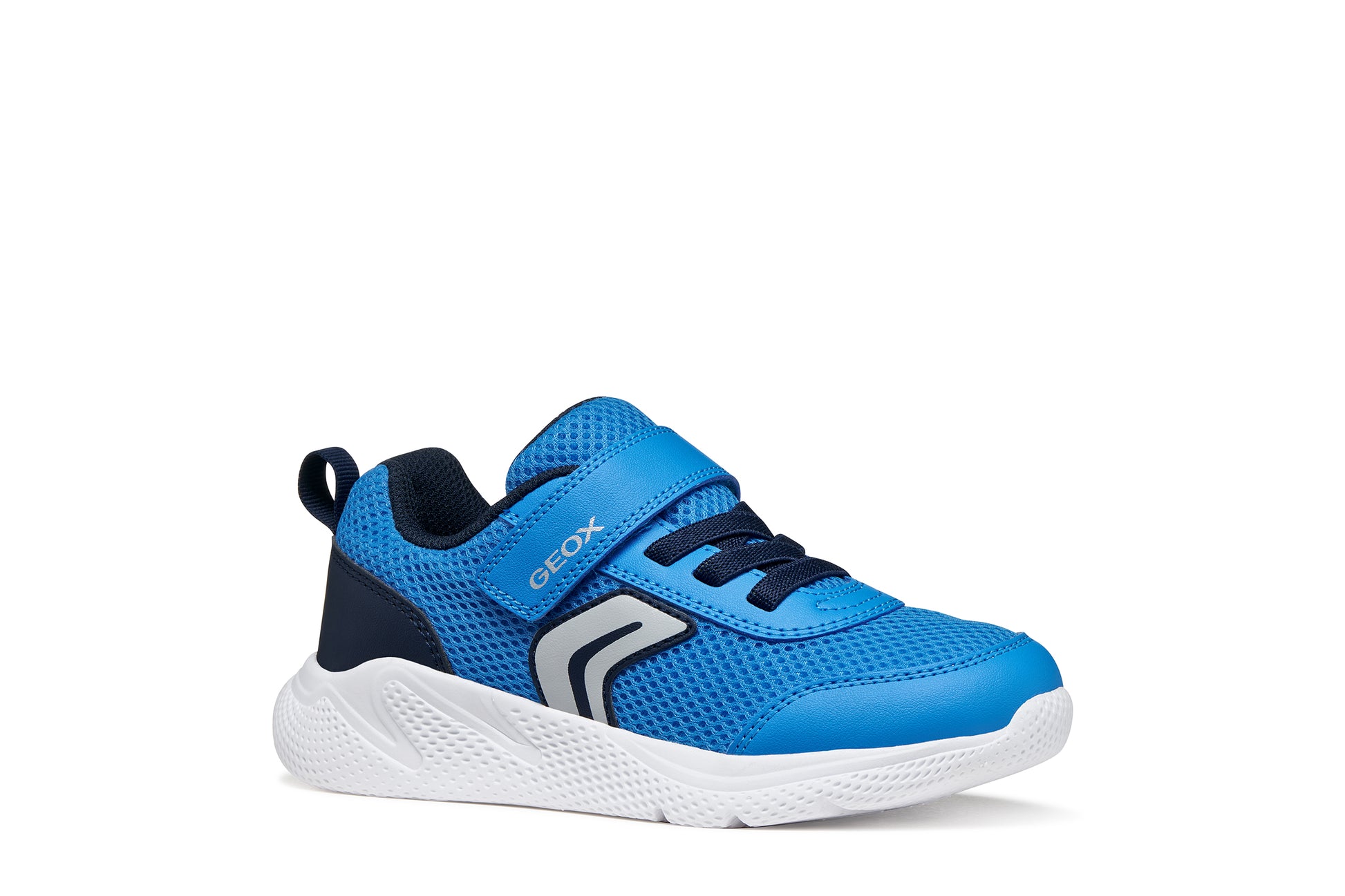 A boys trainer by Geox, style Sprintye in blue/navy with velcro strap and elastic laces and grey detail on side. Right side view