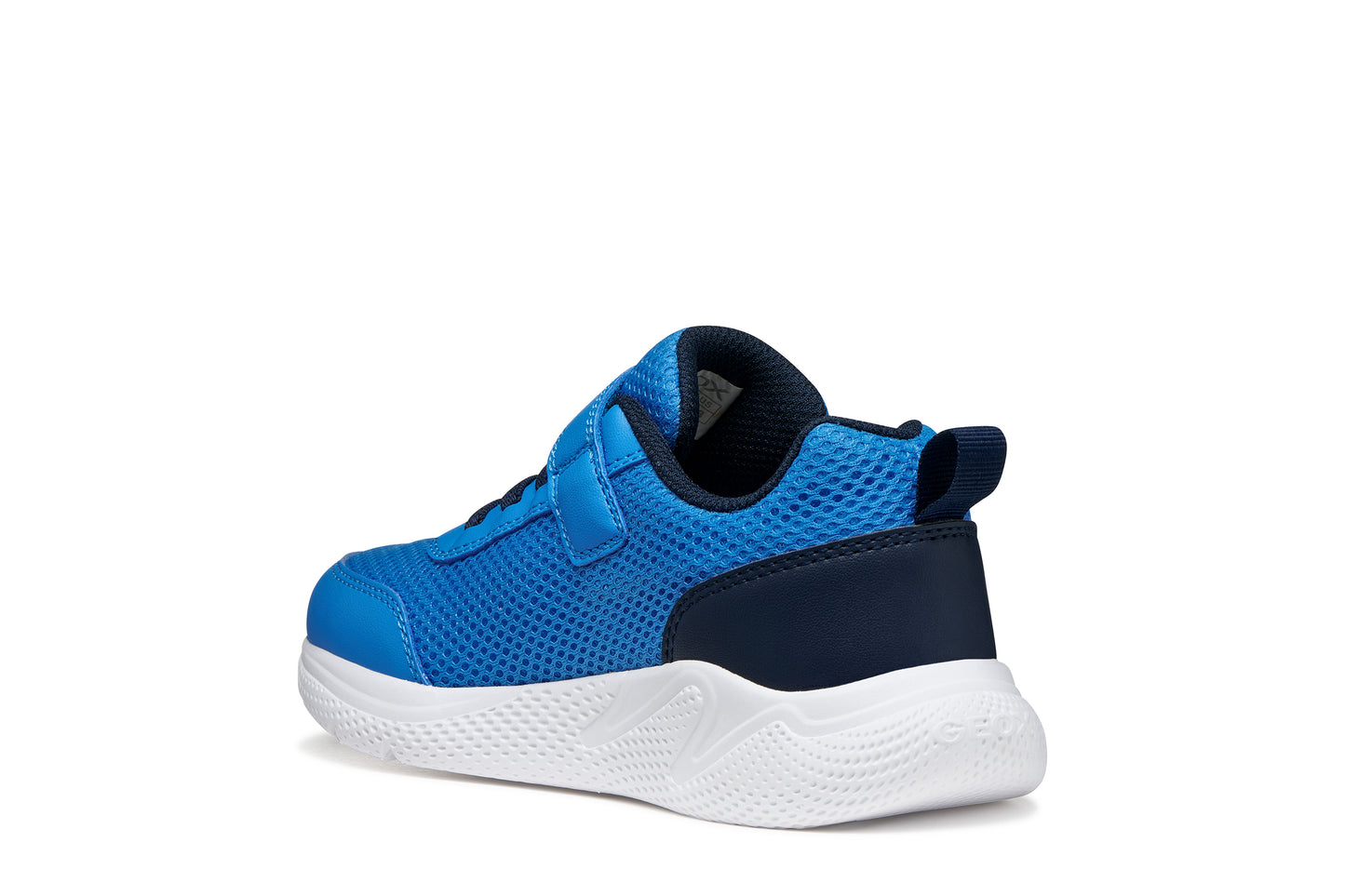A boys trainer by Geox, style Sprintye in blue/navy with velcro strap and elastic laces and grey detail on side. Inner back view