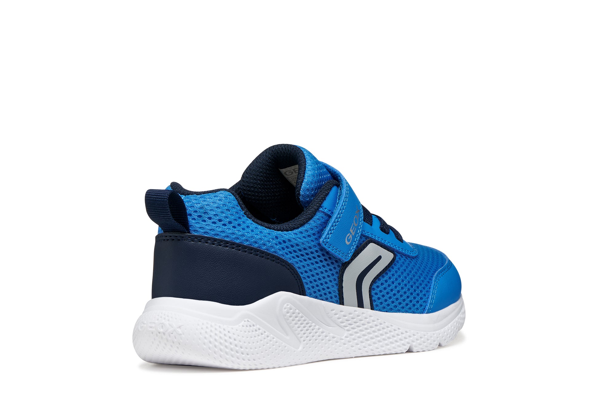 A boys trainer by Geox, style Sprintye in blue/navy with velcro strap and elastic laces and grey detail on side. Outer back view