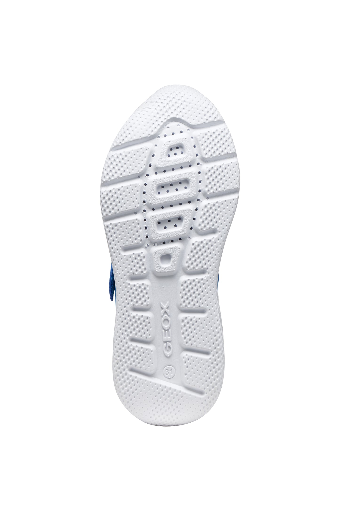 A boys trainer by Geox, style Sprintye in blue/navy with velcro strap and elastic laces and grey detail on side. View of white sole with breathable holes