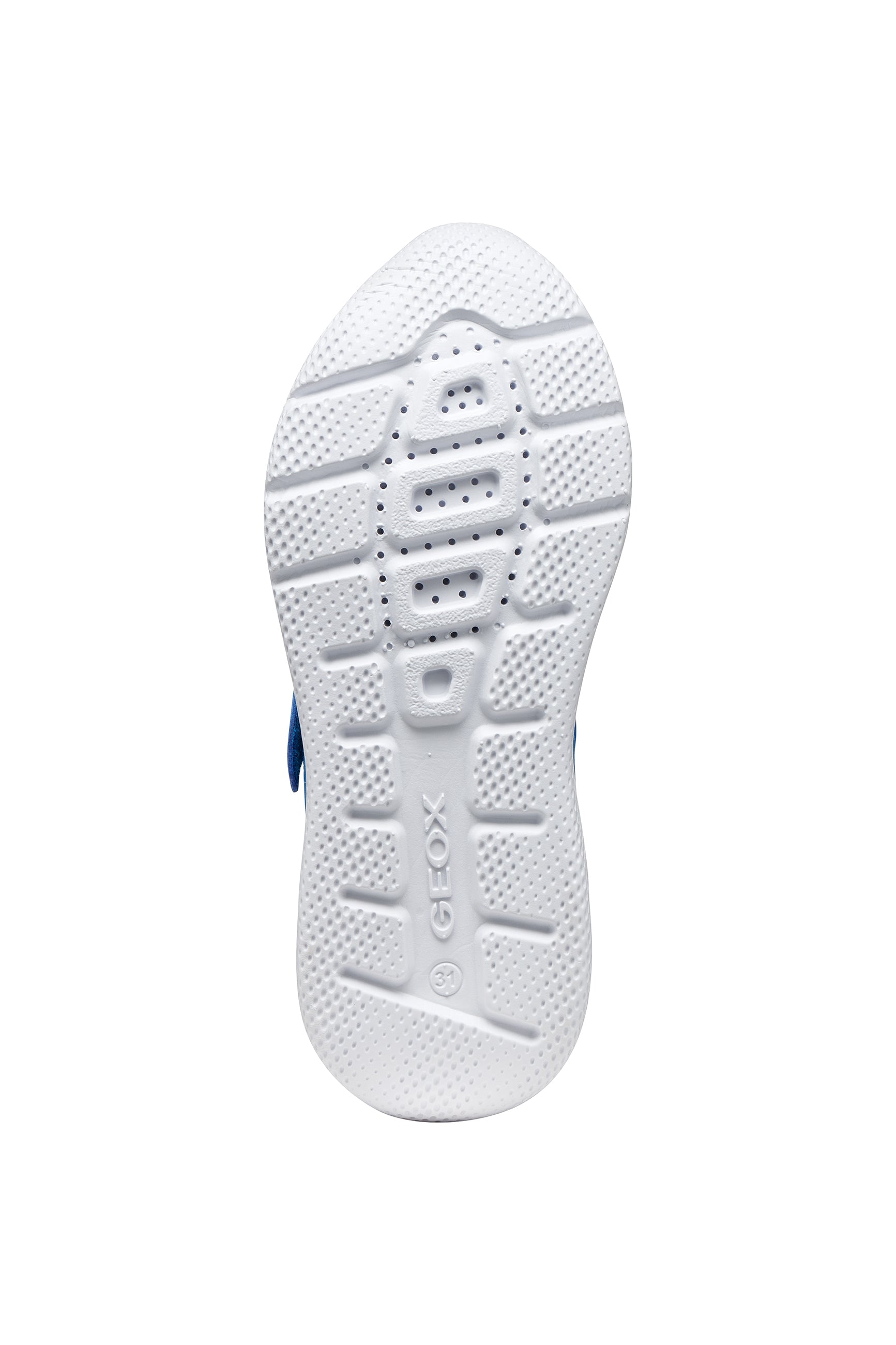 A boys trainer by Geox, style Sprintye in blue/navy with velcro strap and elastic laces and grey detail on side. View of white sole with breathable holes