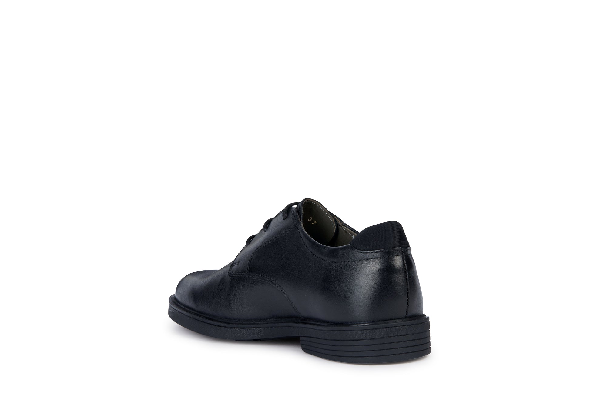 A senior boys school shoe by Geox, style Zheeno, lace-up in black leather. Rear angled view.