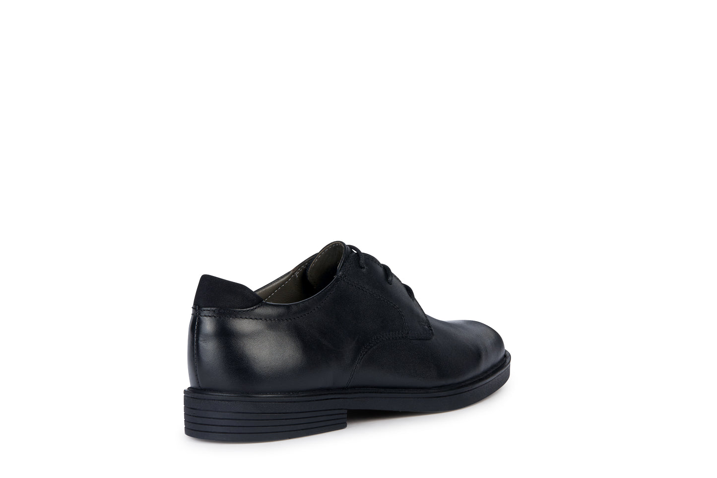 A senior boys school shoe by Geox, style Zheeno, lace-up in black leather. Outer angled view.