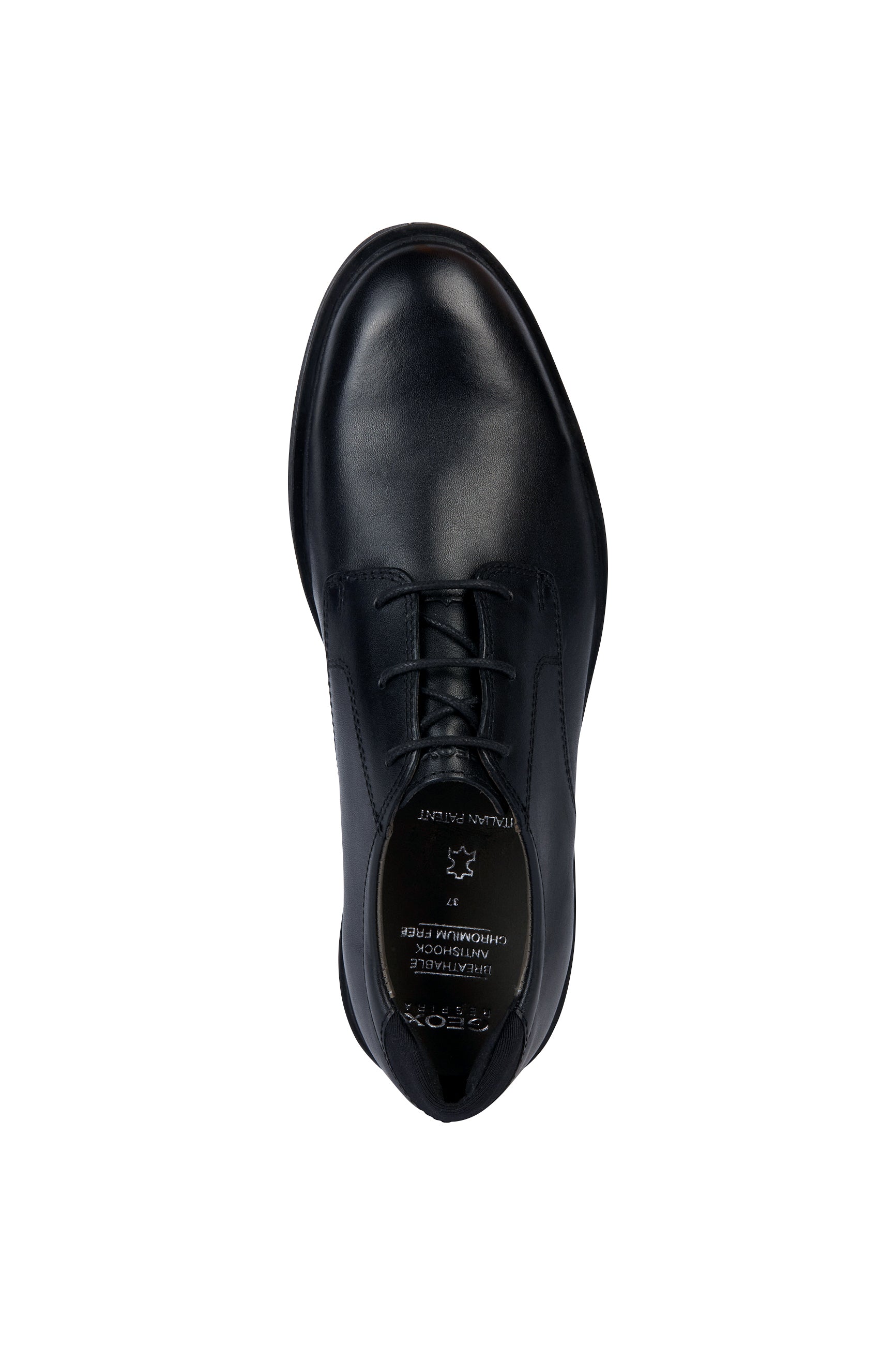 A senior boys school shoe by Geox, style Zheeno, lace-up in black leather. View above. 