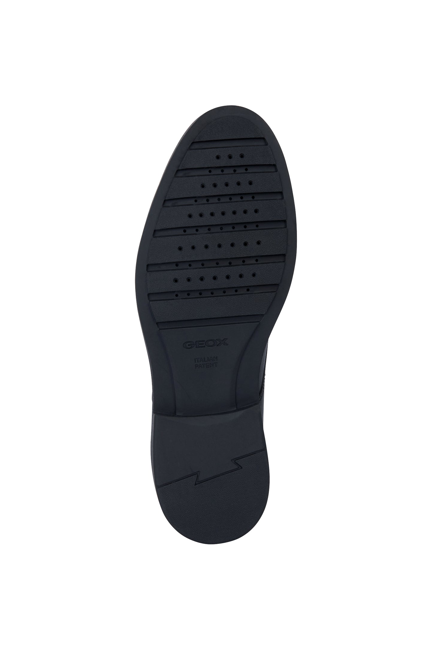 A senior boys school shoe by Geox, style Zheeno, lace-up in black leather. View of sole.
