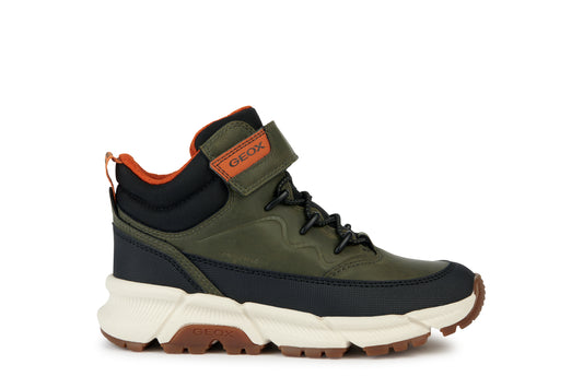 A boys boot by Geox, style Flexypur Plus in Kaki and black, Velcro fastening. Right side view.