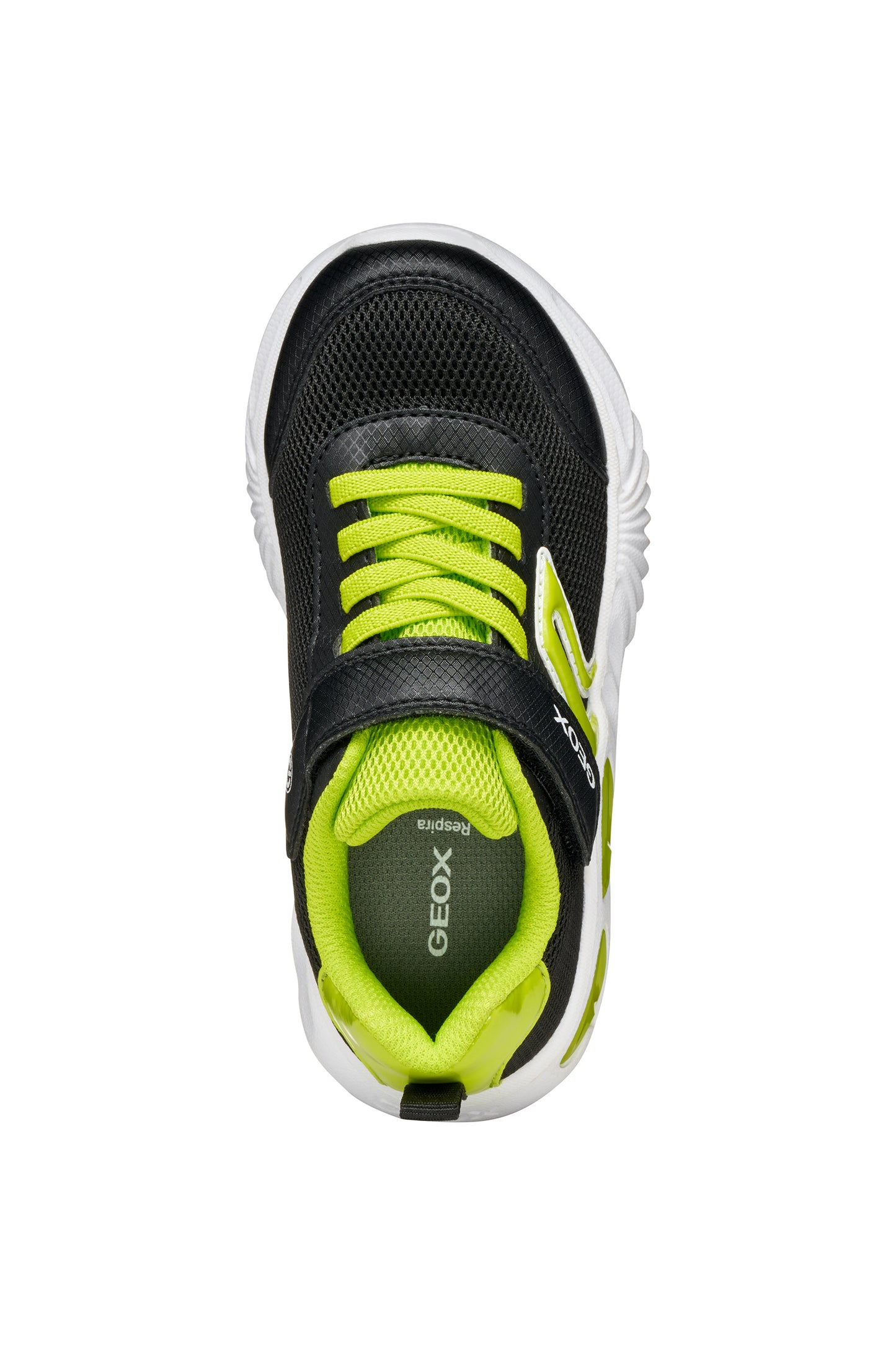 A boys trainer by Geox, style Assister, in black/lime with velcro strap and green laces. Above view.