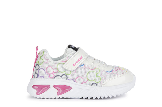 A girls light up trainer by Geox, style J assister, in white multi disney print with bungee lace and velcro fastening. Right side view.