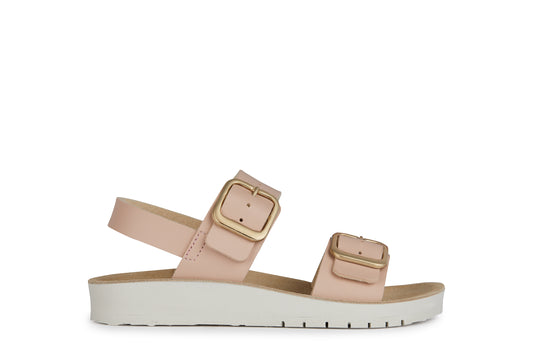 A girls open toe sling back sandal by Geox, style J Costarei, in pink with double gold buckle fastening. Right side view.