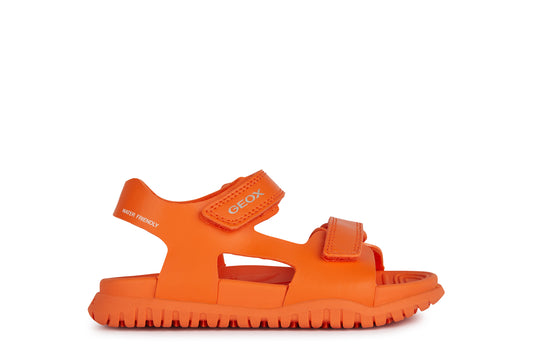 A unisex open toe synthetic water friendly sandal by Geox. Style Fusbetto in orange with two velcro fastenings. Right side view.