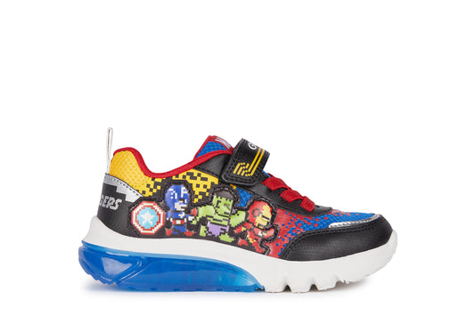 A boys light up trainer by Geox, style J Ciberdron, in Avengers character multi print with bungee lace and velcro fastening. Right side view.