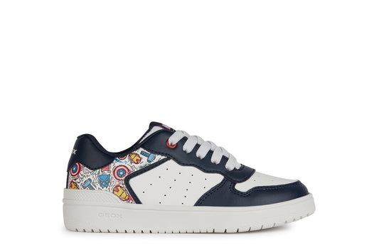 A boys casual trainer by Geox, style J Washiba, in navy and white with avengers print. Lace fastening. Right side view.