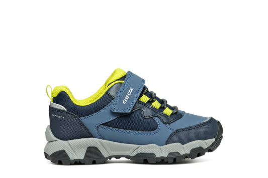 A boys waterproof trainer by Geox, style Magnetar in navy / Lime, velcro with bungee laces. Right side view.