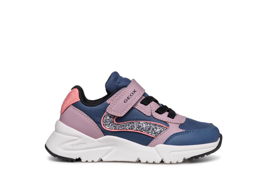 A girls trainer by Geox, style Loftus in navy and pink, velcro fastening. Right side view.