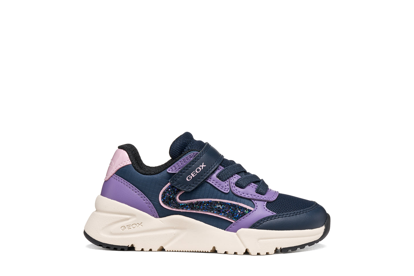 Geox girl's trainer in the style Loftus in navy and lilac with a Velcro strap, glitter detailing and a white and navy sole. Right side view. 