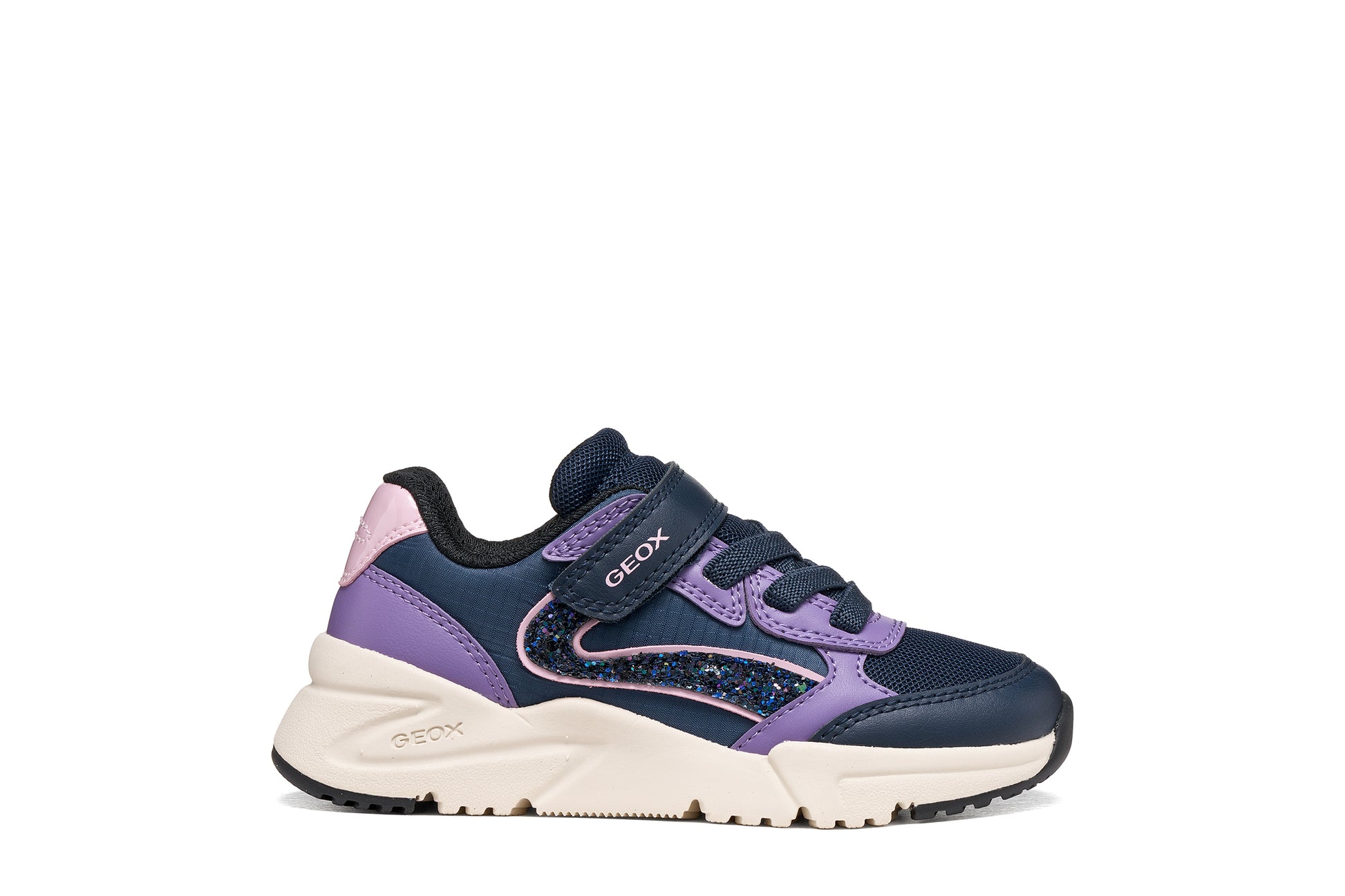 Geox girl's trainer in the style Loftus in navy and lilac with a Velcro strap, glitter detailing and a white and navy sole. Right side view. 