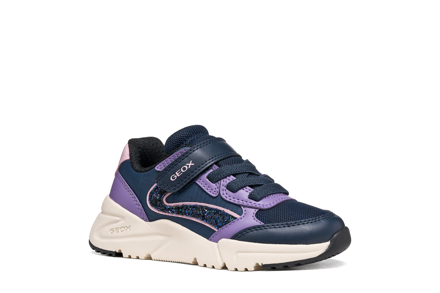 Geox girl's trainer in the style Loftus in navy and lilac with a Velcro strap, glitter detailing and a white and navy sole. Angled right side view.