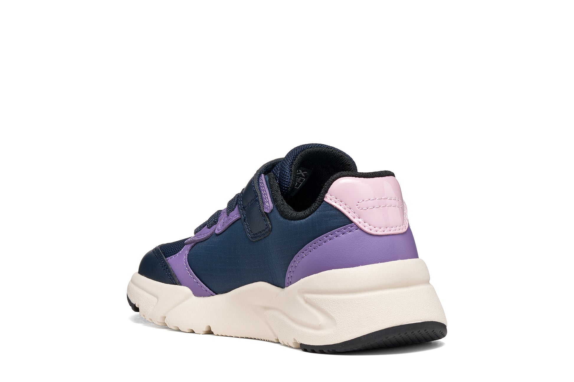 Geox girl's trainer in the style Loftus in navy and lilac with a Velcro strap, glitter detailing and a white and navy sole. Angled inner view from back. 