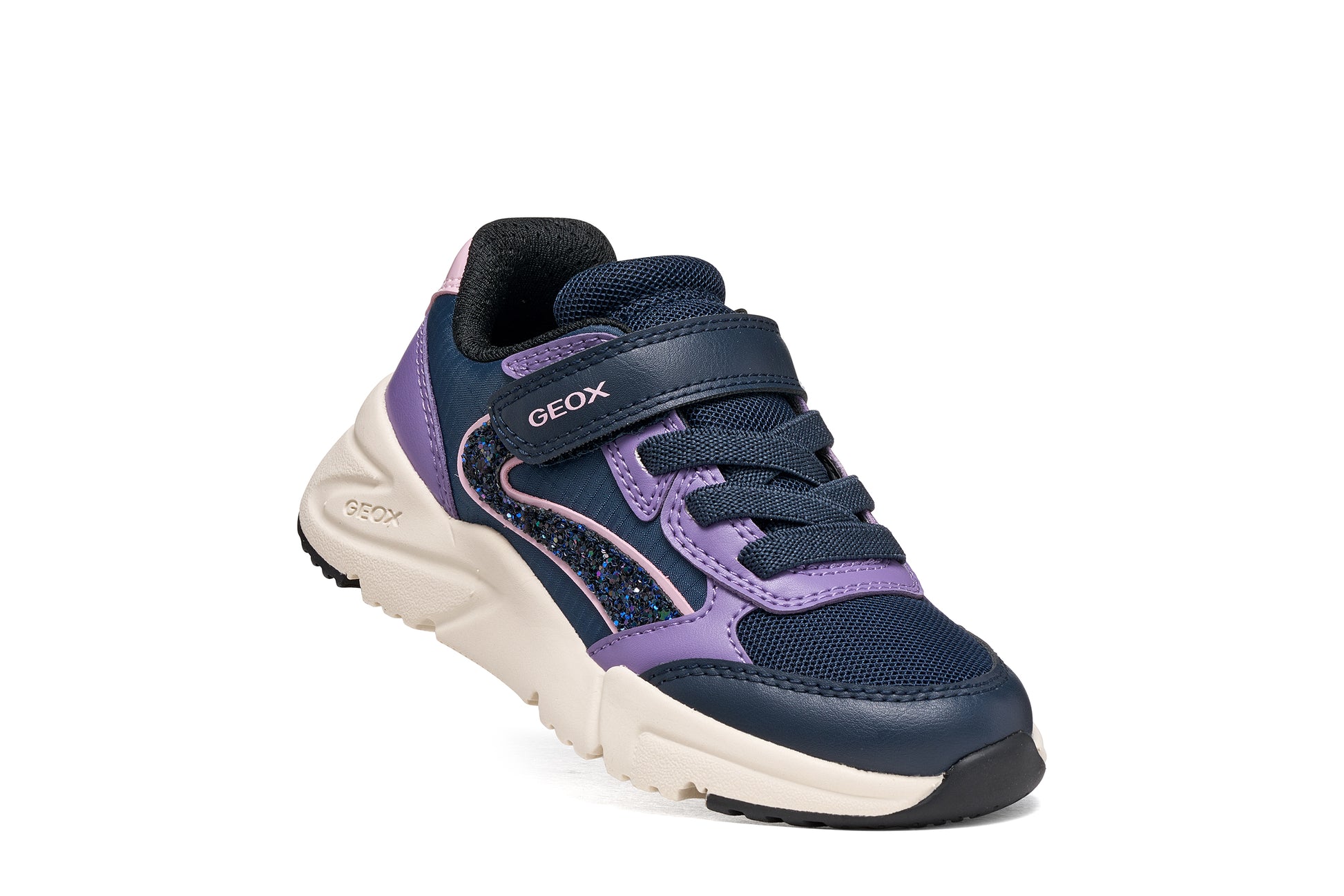 Geox girl's trainer in the style Loftus in navy and lilac with a Velcro strap, glitter detailing and a white and navy sole. Angled right side view.