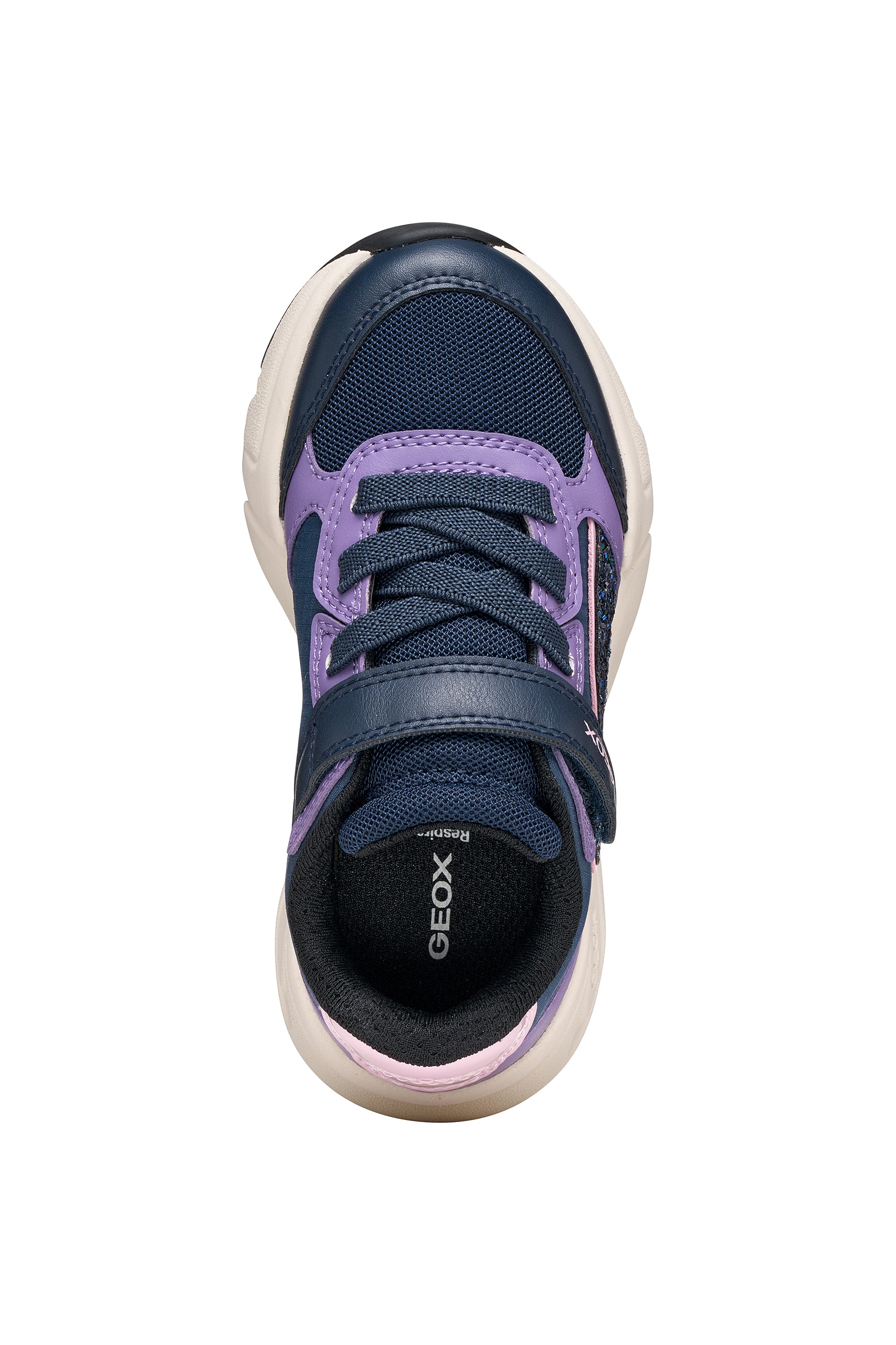 Geox girl's trainer in the style Loftus in navy and lilac with a Velcro strap, glitter detailing and a white and navy sole. Top view.