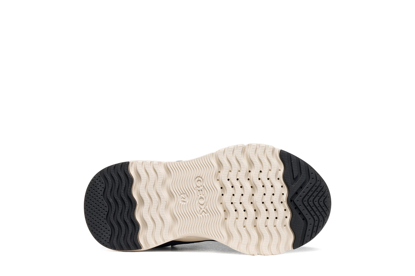 Geox girl's trainer in the style Loftus in navy and lilac with a Velcro strap, glitter detailing and a white and navy sole. View of sole.