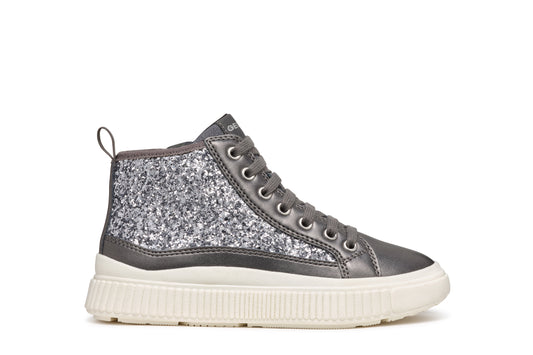 A girls high-top by Geox, style Laquinny in dark grey/ silver glitter, lace/ zip fastening. Right side view.