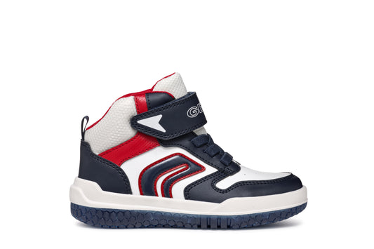 A boys high-top by Geox, style Buzzerlight, in navy, white and red, Velcro fastening. Right side view.