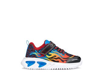 A boys trainer by Geox, style Assister, in black/sky with orange/red flame design, velcro strap and red laces and white sole with blue details. Right side view
