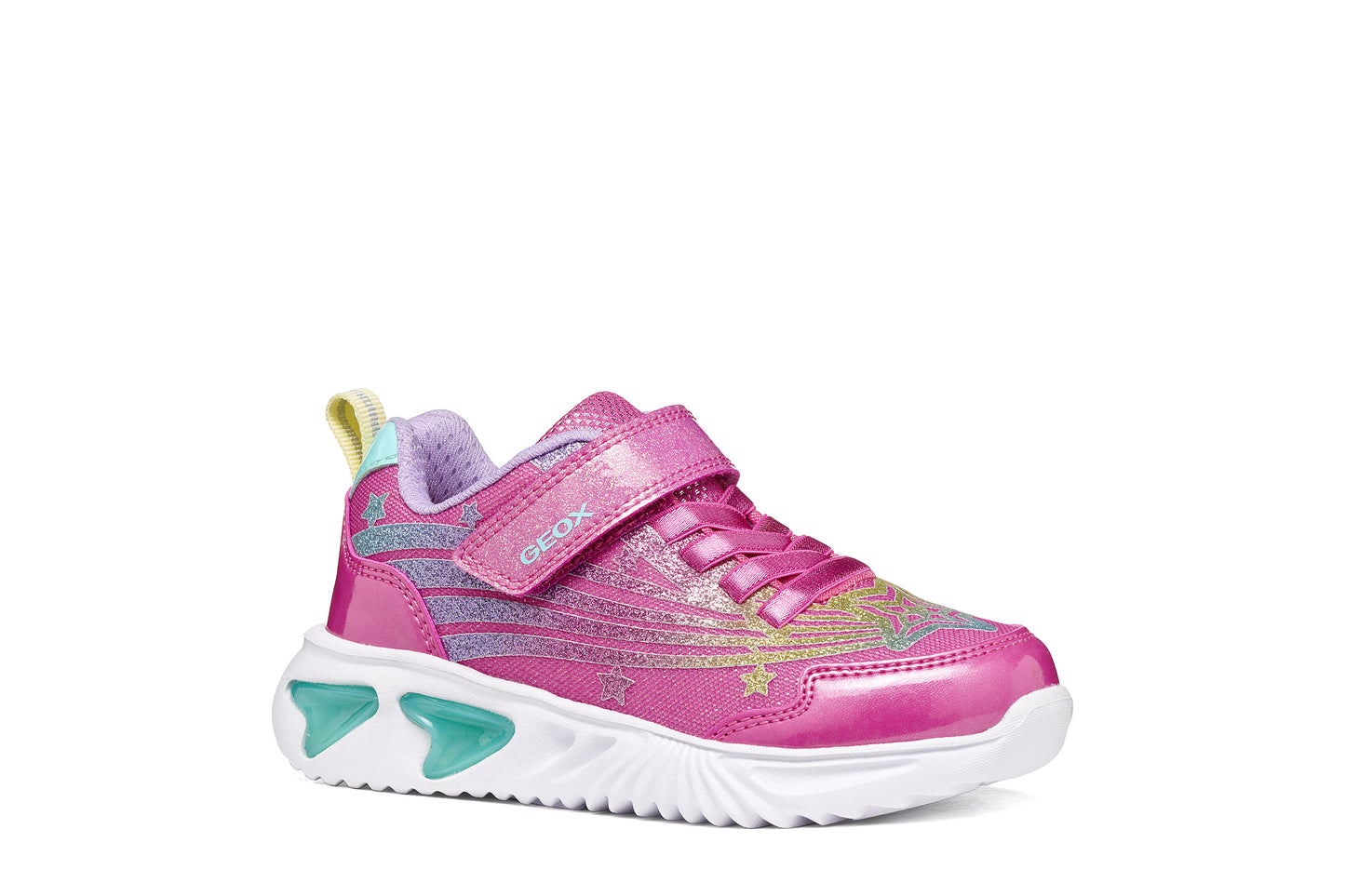 Geox girls trainer in the style Assister in pink glitter with a Velcro strap, lights and a white sole. Right side view.