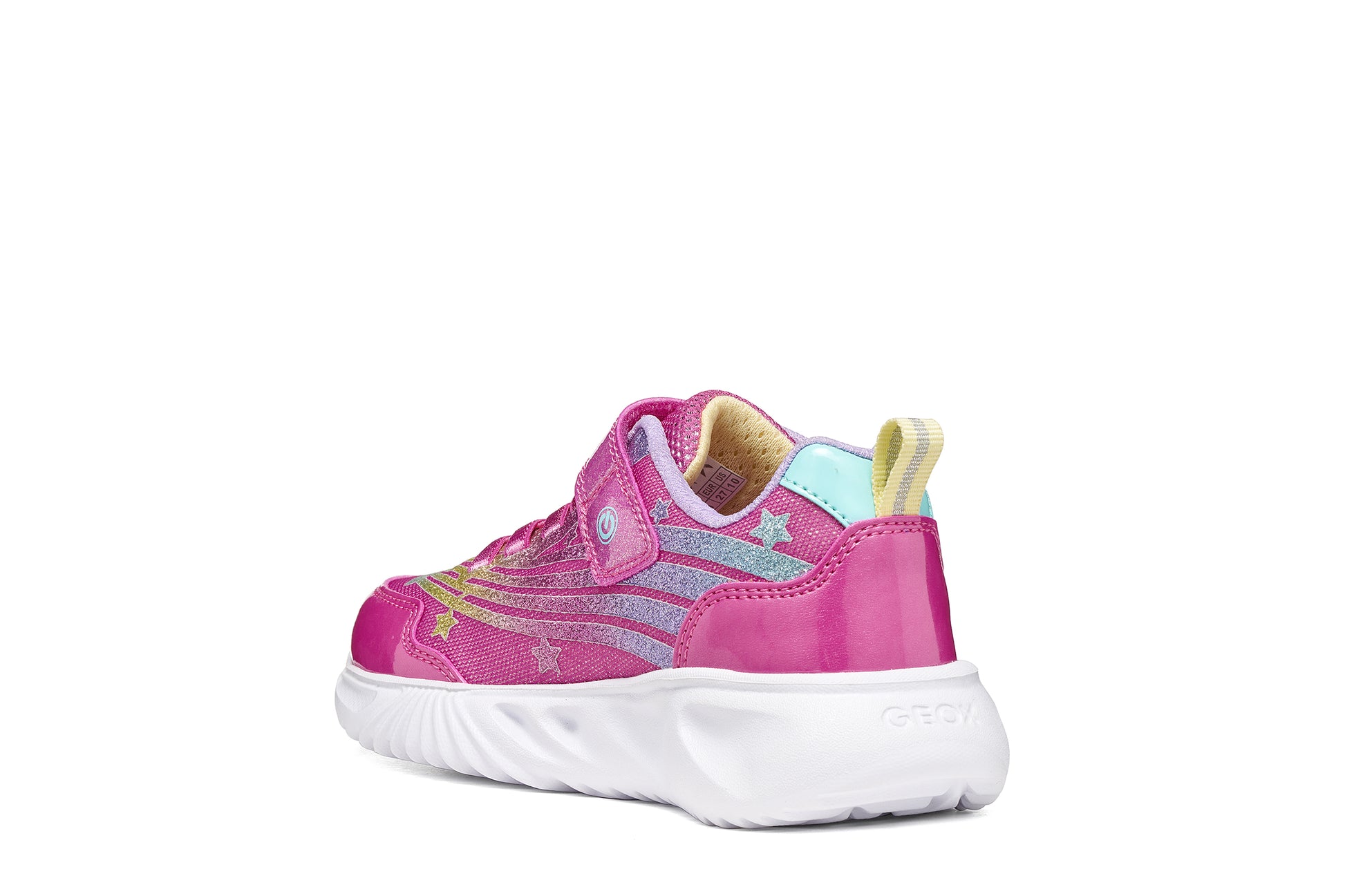 Geox girls trainer in the style Assister in pink glitter with a Velcro strap, lights and a white sole. Angled back view of right shoe.