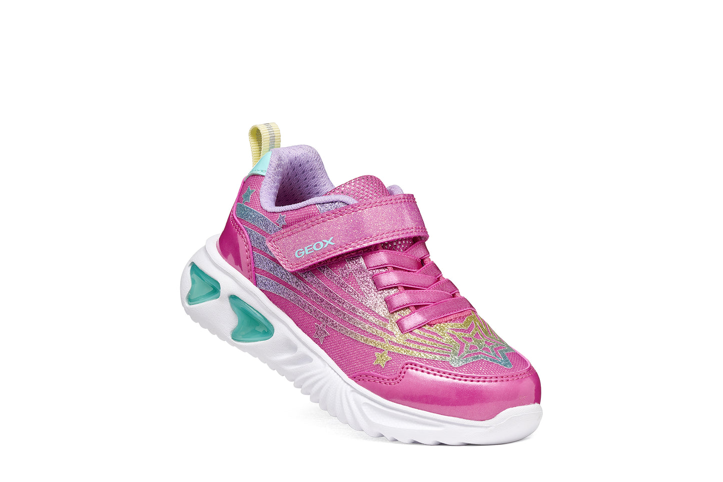 Geox girls trainer in the style Assister in pink glitter with a Velcro strap, lights and a white sole. Right side view.