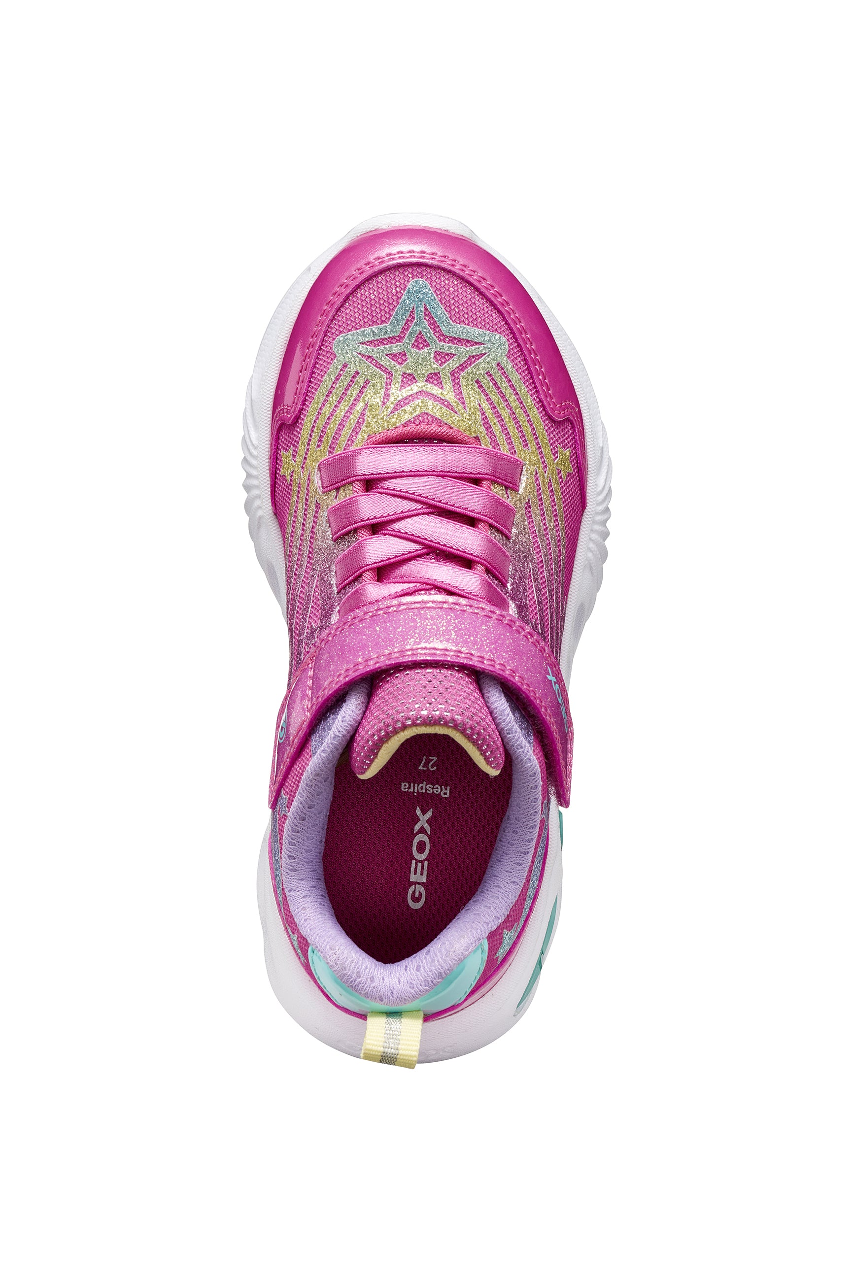 Geox girls trainer in the style Assister in pink glitter with a Velcro strap, lights and a white sole. Top view