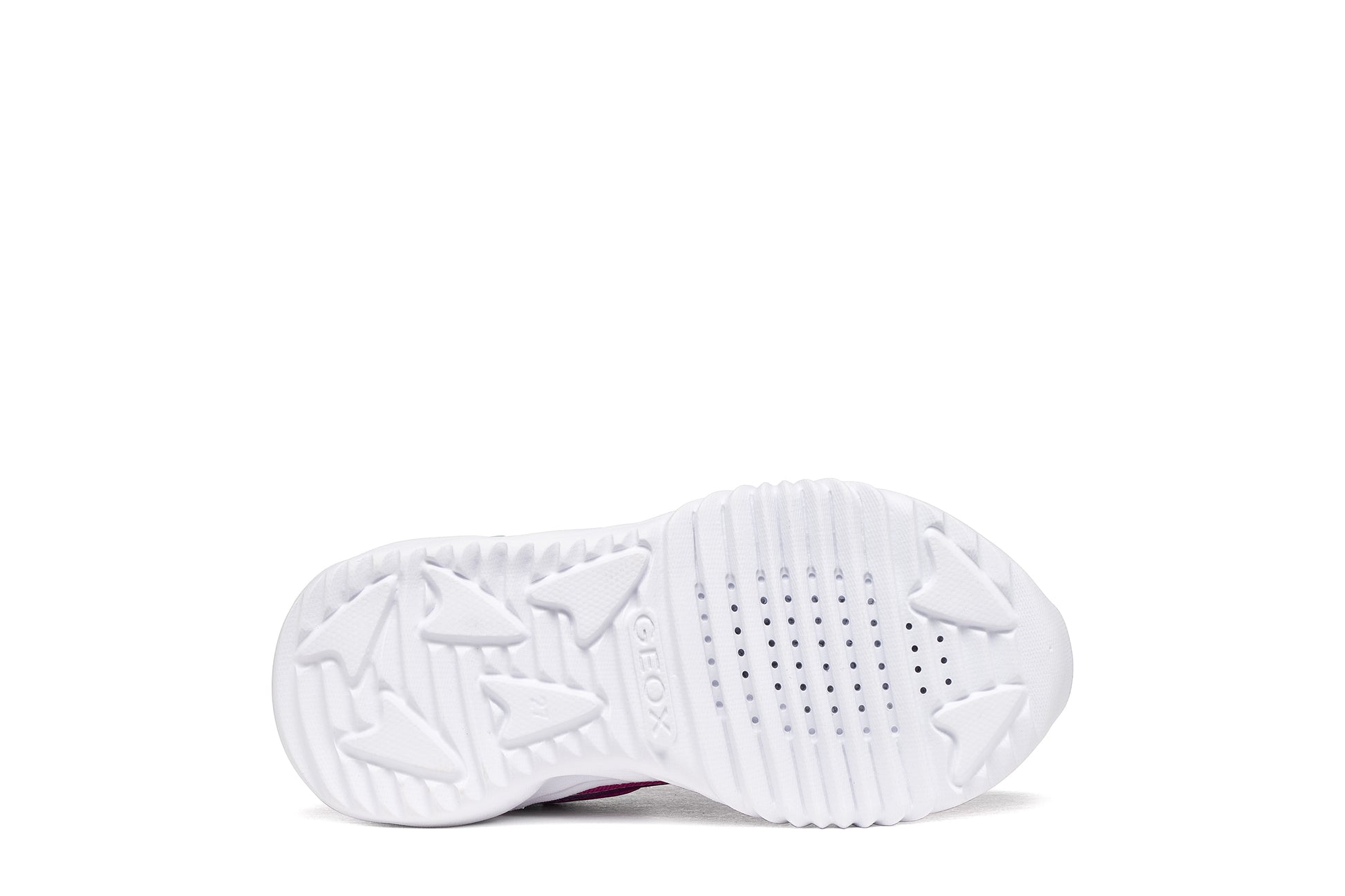 Geox girls trainer in the style Assister in pink glitter with a Velcro strap, lights and a white sole. View of sole.