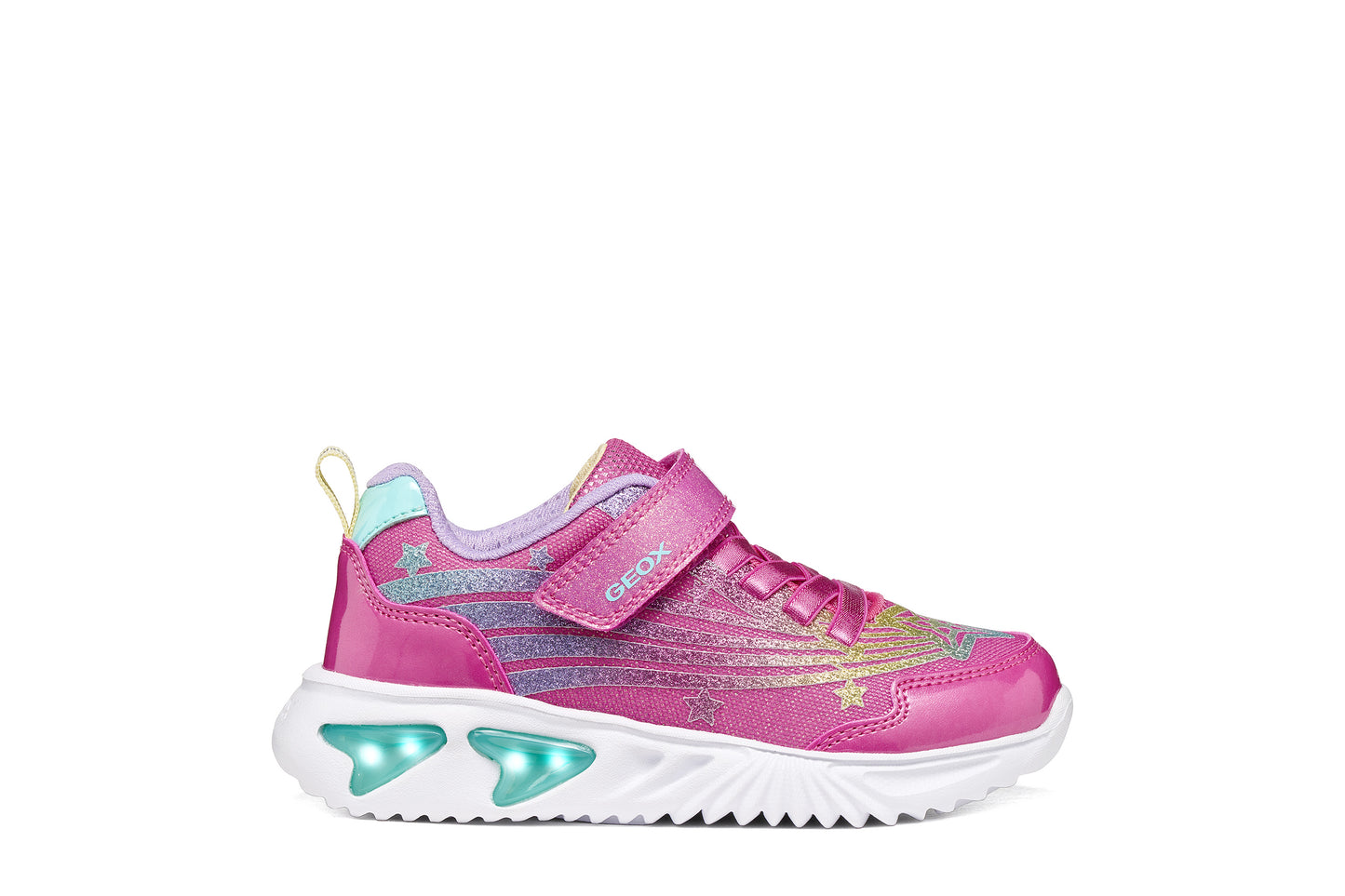 Geox girls trainer in the style Assister in pink glitter with a Velcro strap, lights and a white sole. Right side view.