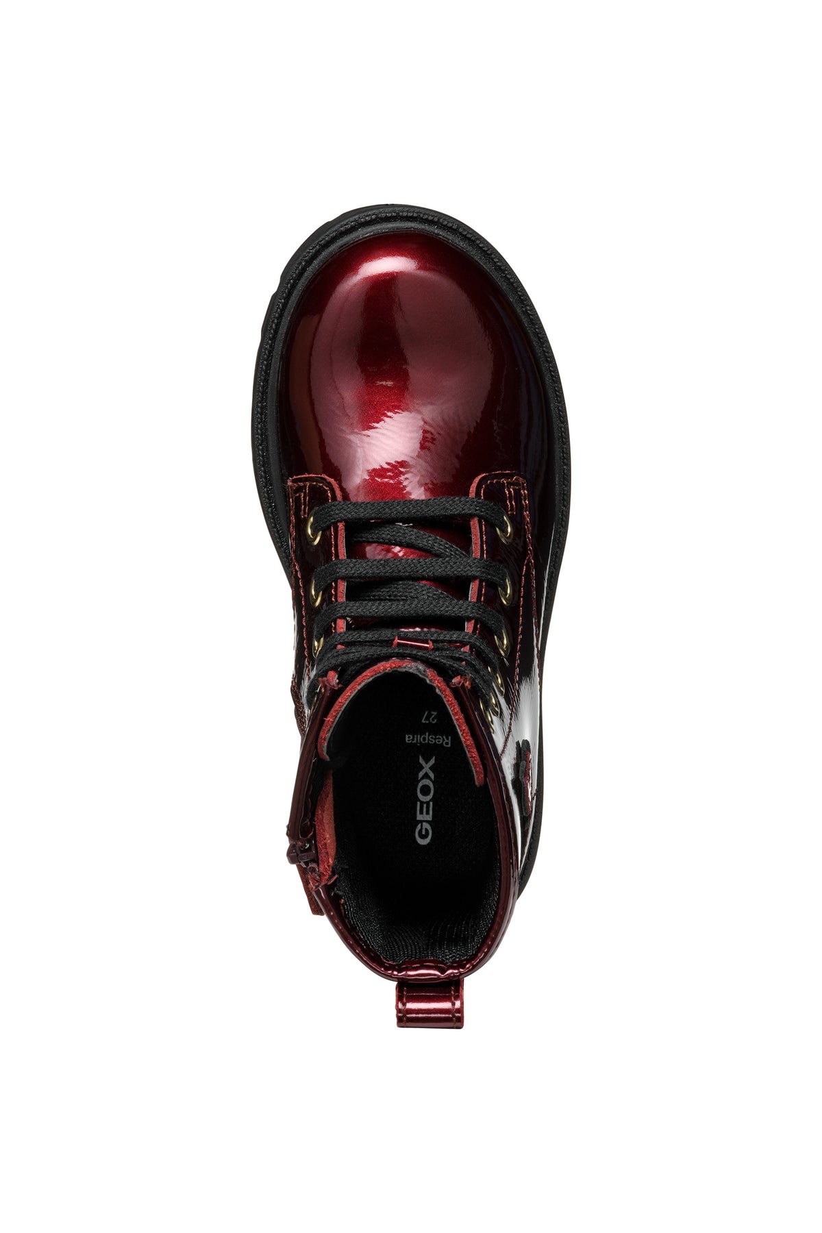 Geox girls patent boot in the style Shaylax in the colour burgundy with black laces, butterfly details and a black sole. Top view