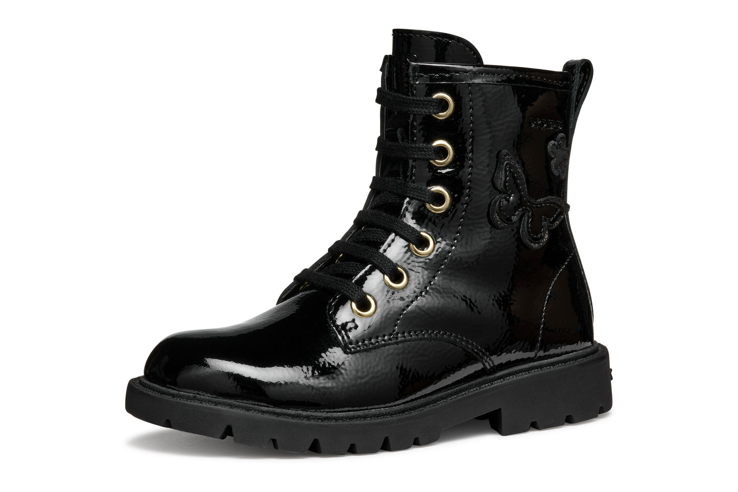 A girls combat style boot by Geox, style J56EXA Shaylax, in black patent  leather with butterfly detail. Lace and zip fastening. Left side view.