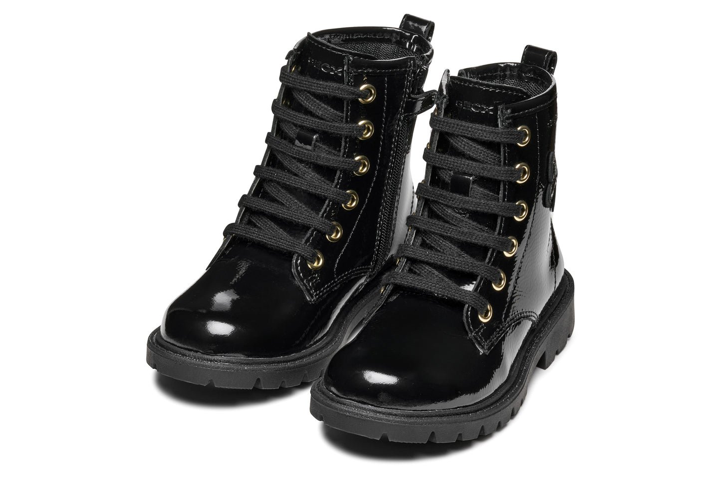 A girls combat style boot by Geox, style J56EXA Shaylax, in black patent  leather with butterfly detail. Lace and zip fastening. Angled view of a pair.