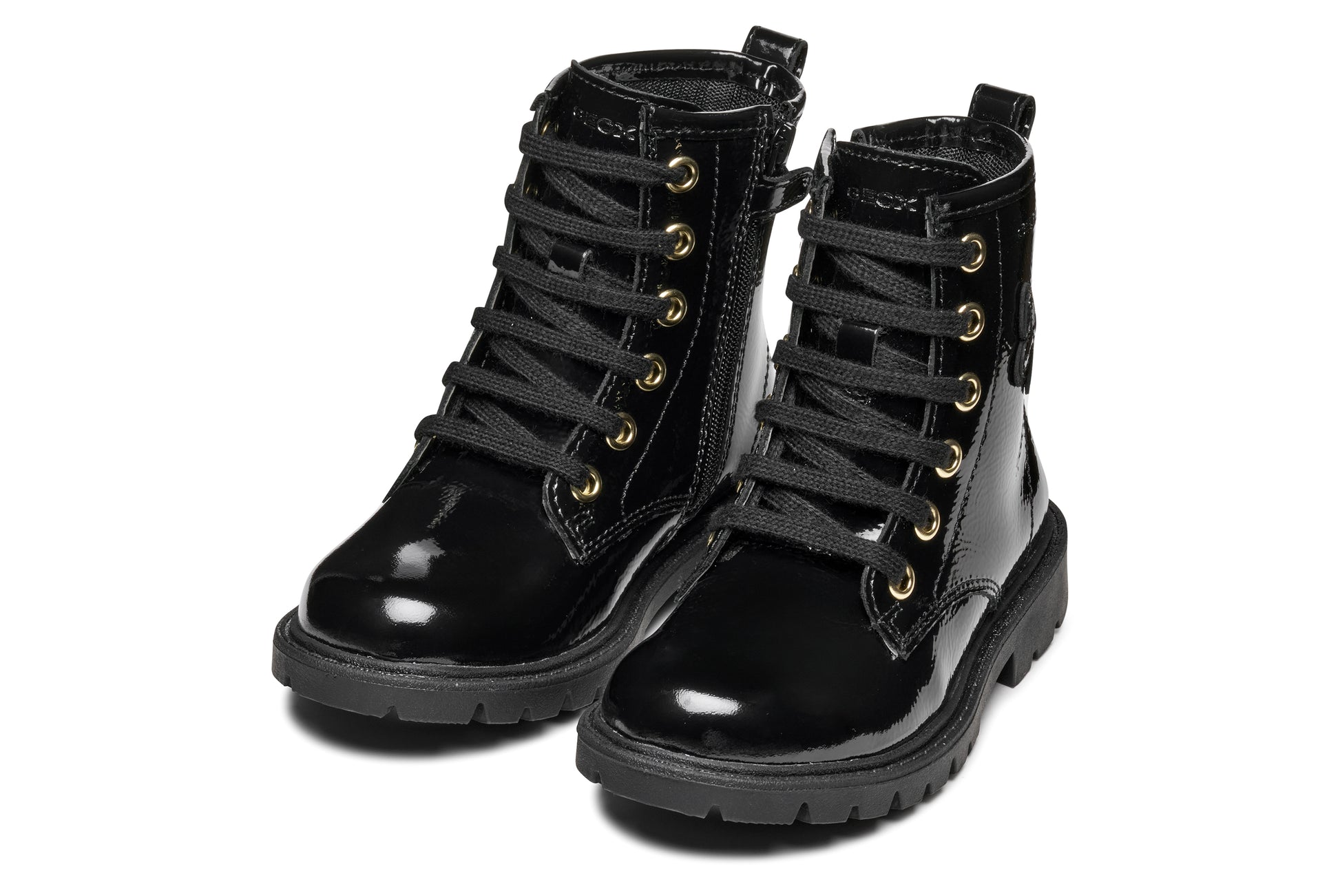 A girls combat style boot by Geox, style J56EXA Shaylax, in black patent  leather with butterfly detail. Lace and zip fastening. Angled view of a pair.