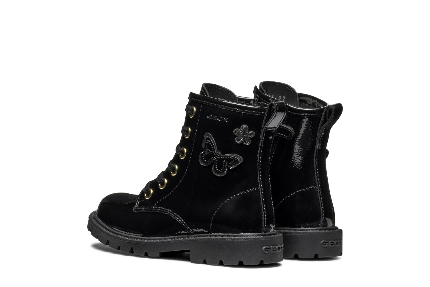 A girls combat style boot by Geox, style J56EXA Shaylax, in black patent  leather with butterfly detail. Lace and zip fastening. Angled left side view of a pair.