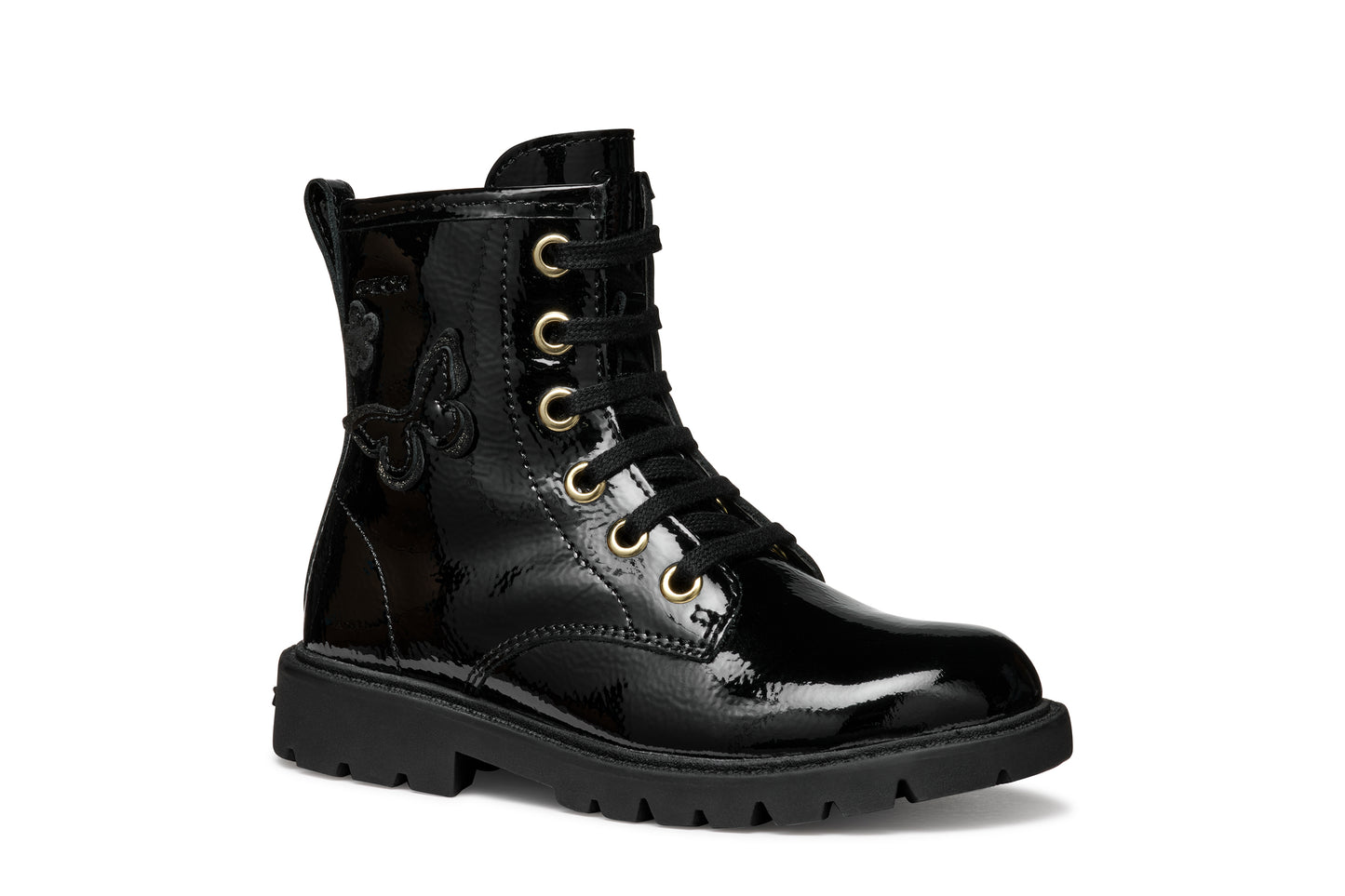 A girls combat style boot by Geox, style J56EXA Shaylax, in black patent  leather with butterfly detail. Lace and zip fastening. Right side view.