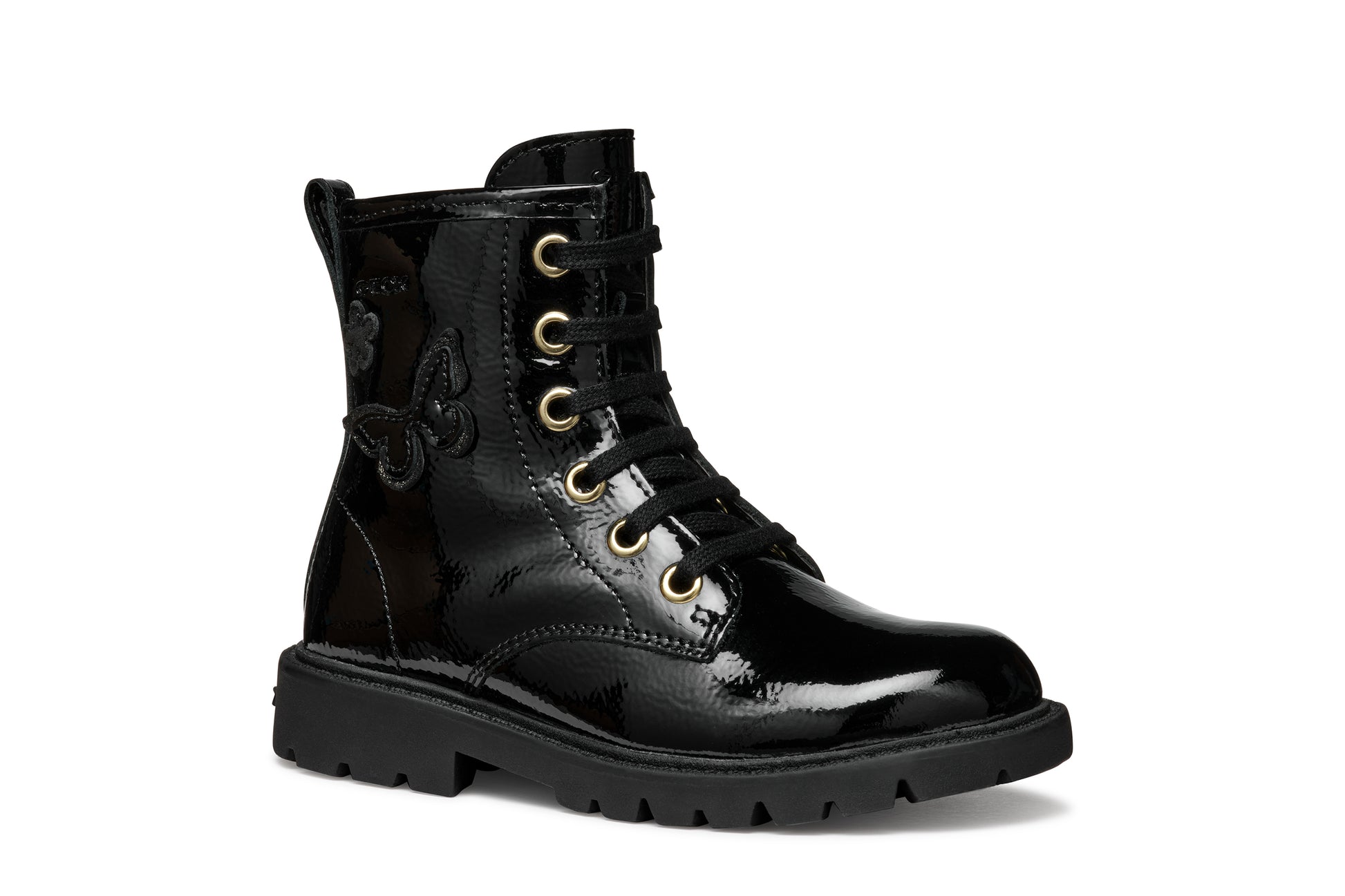 A girls combat style boot by Geox, style J56EXA Shaylax, in black patent  leather with butterfly detail. Lace and zip fastening. Right side view.