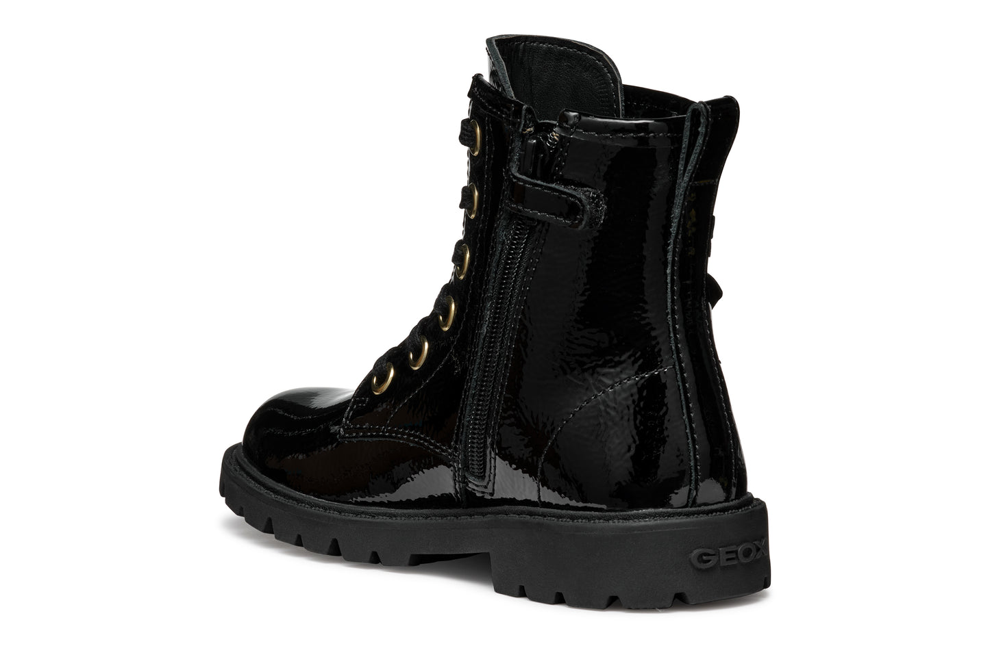 A girls combat style boot by Geox, style J56EXA Shaylax, in black patent  leather with butterfly detail. Lace and zip fastening. Angled left side view.