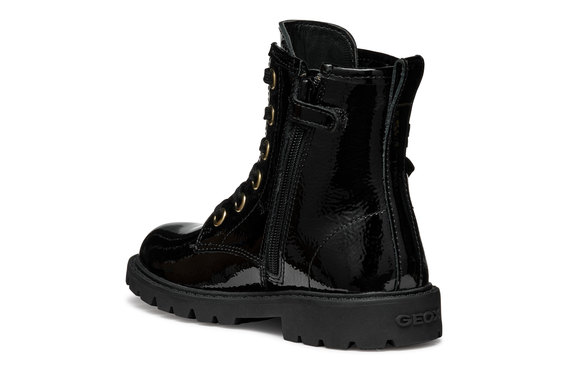 A girls combat style boot by Geox, style J56EXA Shaylax, in black patent  leather with butterfly detail. Lace and zip fastening. Angled left side view.
