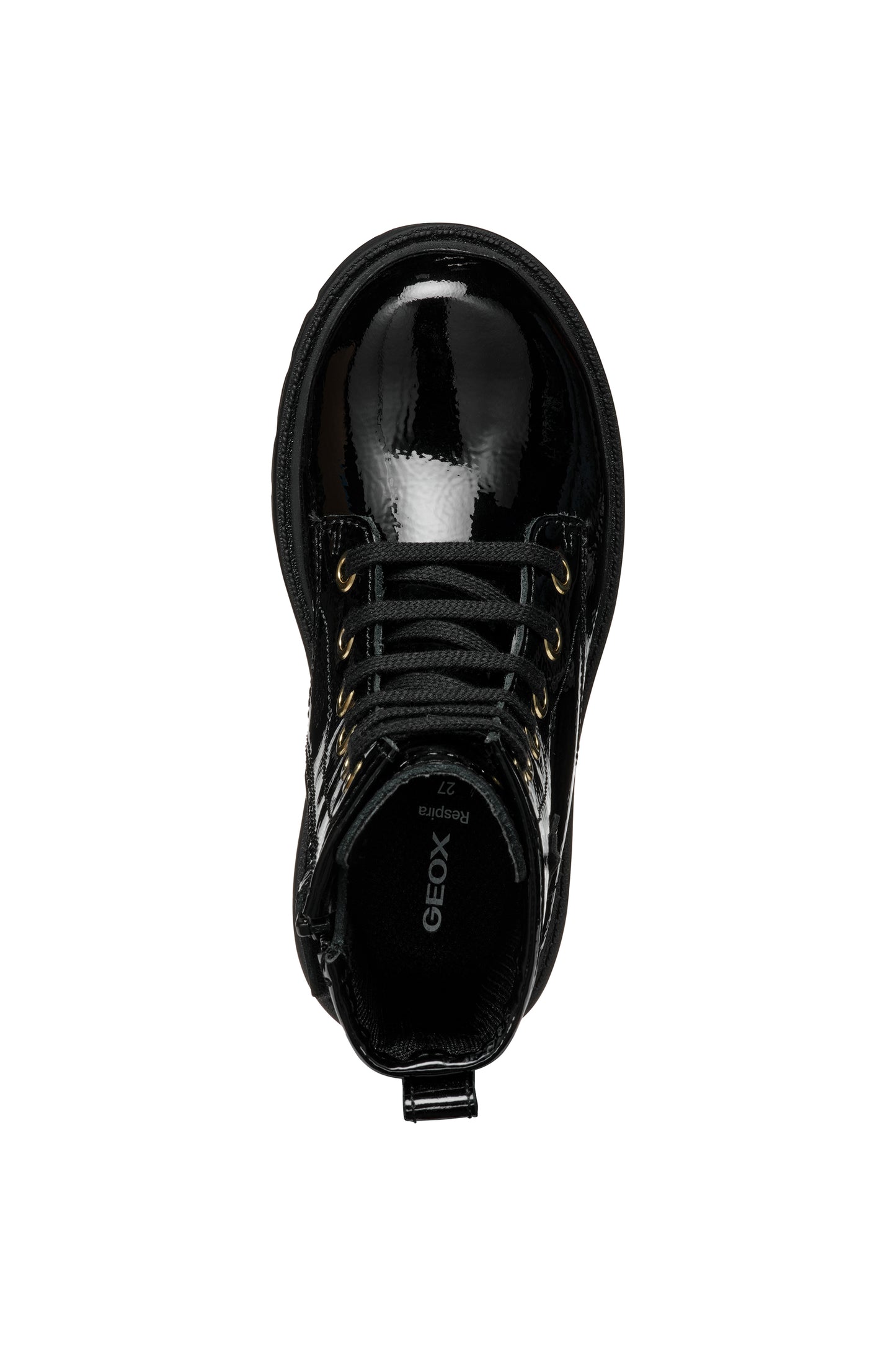 A girls combat style boot by Geox, style J56EXA Shaylax, in black patent  leather with butterfly detail. Lace and zip fastening. Above view.