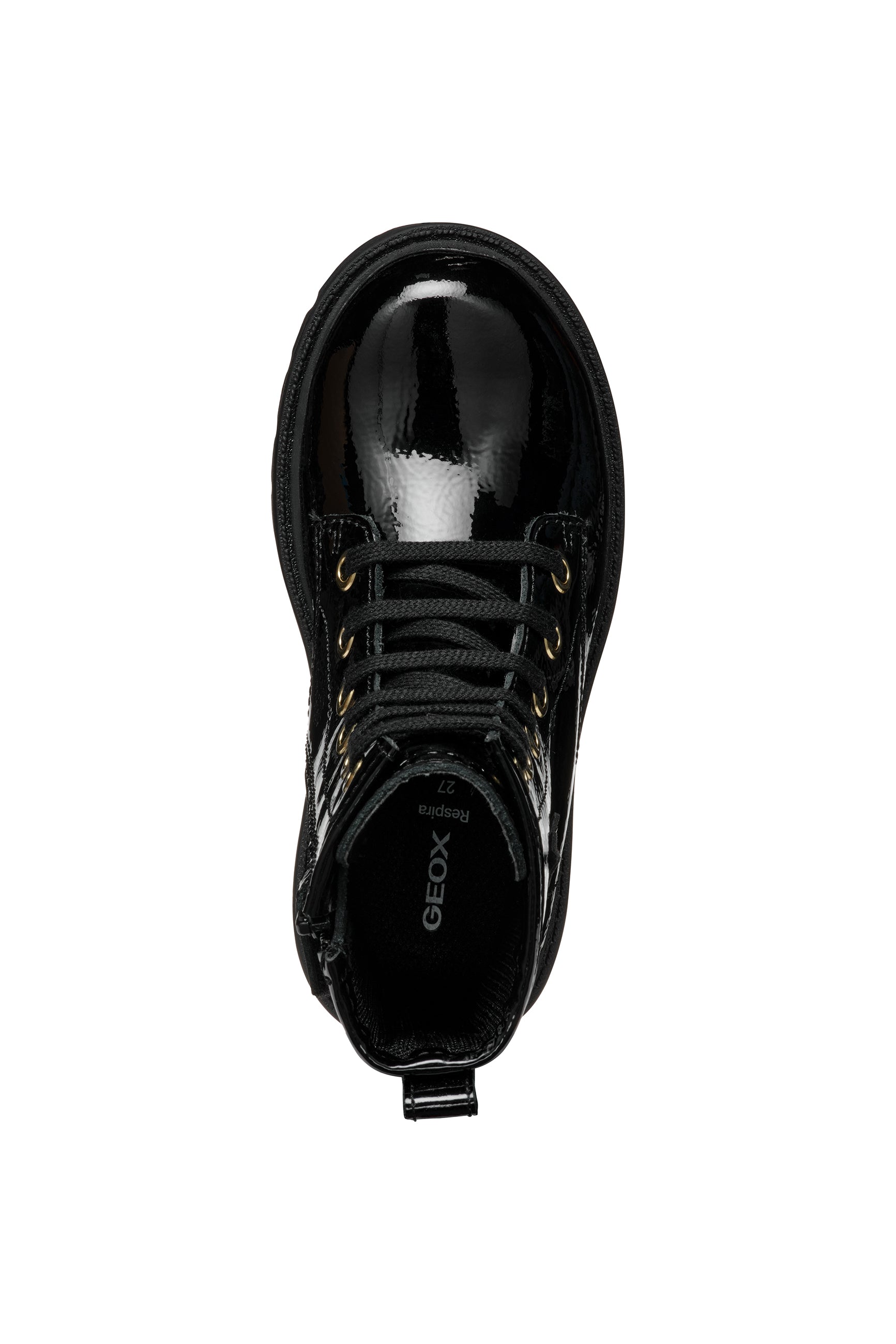 A girls combat style boot by Geox, style J56EXA Shaylax, in black patent  leather with butterfly detail. Lace and zip fastening. Above view.