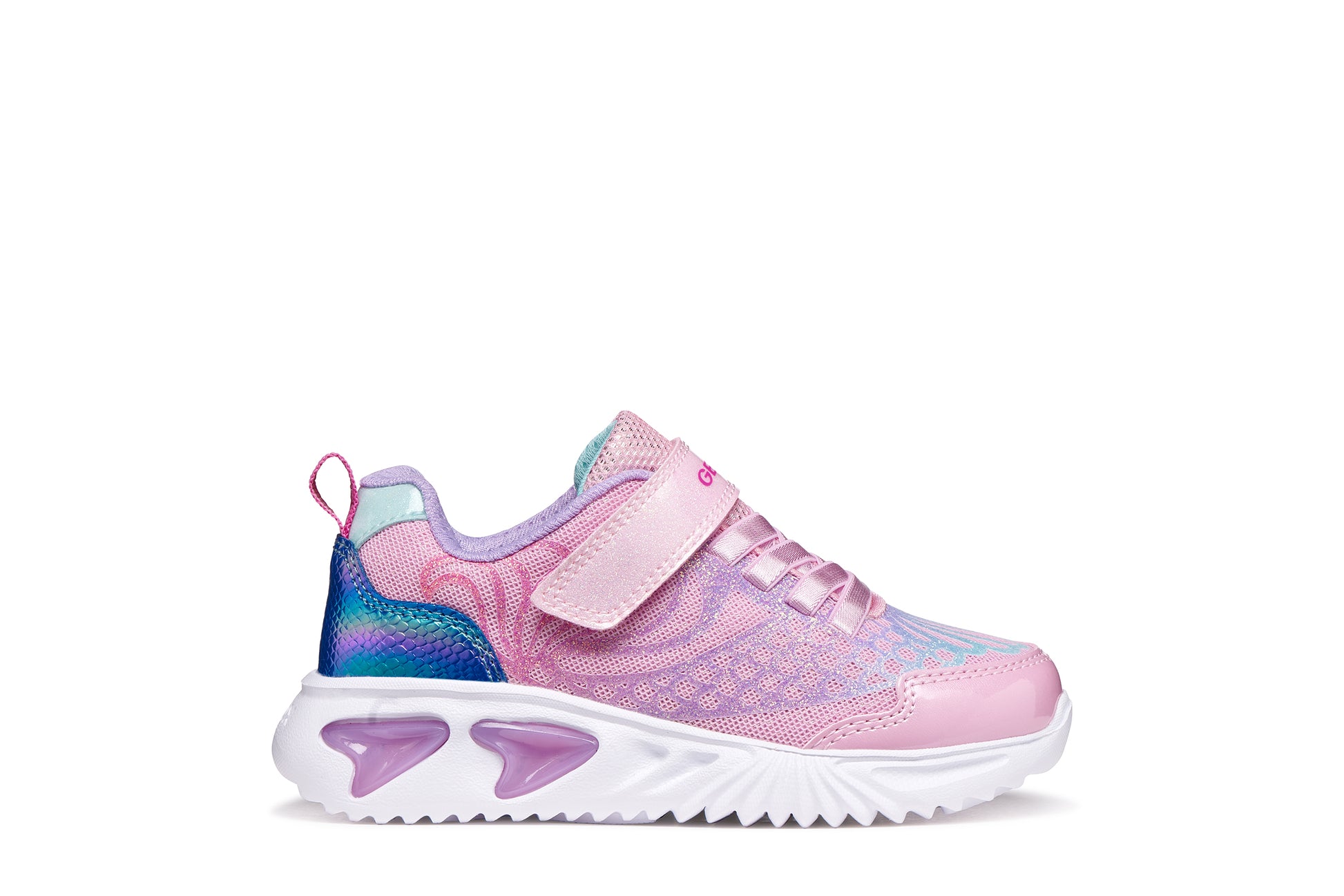 A girls trainer by Geox, style Assister in pink/lilac with one velcro strap and elastic laces, mermaid detail on heel and lights in sole. Right side view